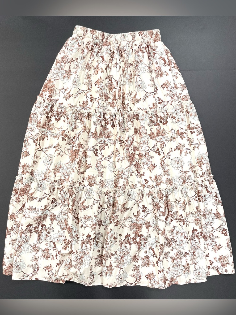 Arolina Boho Floral Tiered Maxi Skirt Smocked Waist Cream Brown Size S